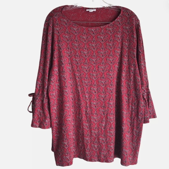 J. Jill Tops - J Jill Medium Red With Black Scroll Print Bell Sleeves That Tie Scandi Girl EUC